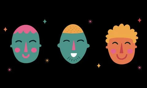 Cartoon retro faces with different colors and shapes set against a black Stock Illustration