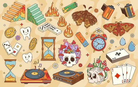 Cartoon retro groovy elements and symbols Illustrazione stock