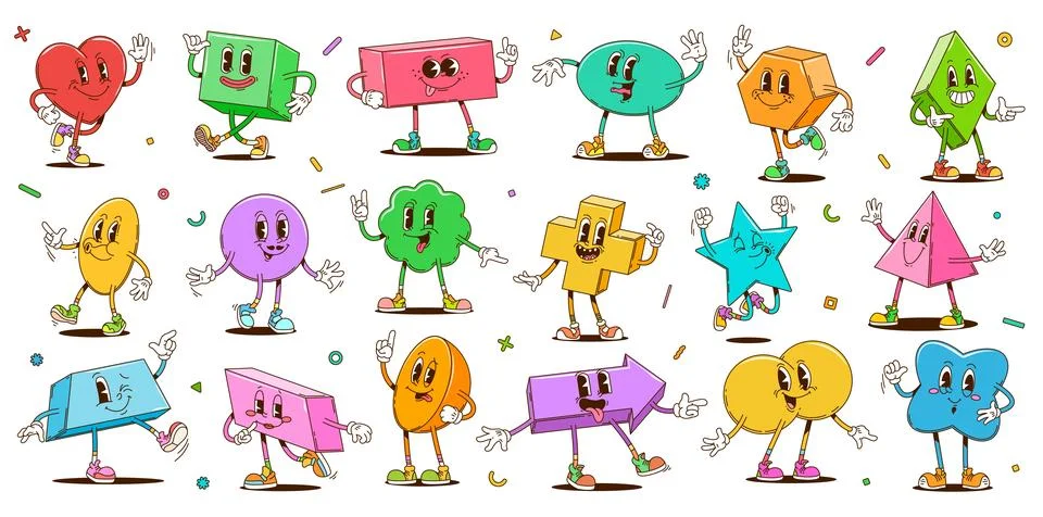 Cartoon retro groovy math shape figure characters Stock Illustration