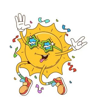 Cartoon retro groovy sun vector character dancing Stock Illustration