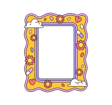 Cartoon retro groovy wave frame with hippie hearts Stock Illustration