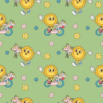 Cartoon retro sun seamless pattern. Summer weather phenomenon, season groovy Stock Illustration