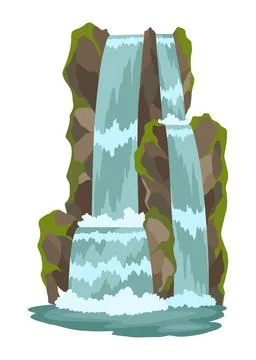 Cartoon river cascade waterfall. Landscape with mountains and trees. Design Stock Illustration