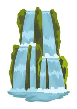 Cartoon river cascade waterfall. Landscape with mountains and trees. Design Stock Illustration