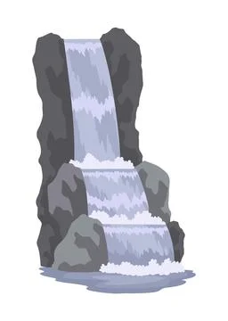 Cartoon river cascade waterfall. Landscape with mountains and trees. Design Stock Illustration