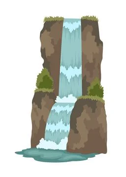 Cartoon river cascade waterfall. Landscape with mountains and trees. Design Stock Illustration