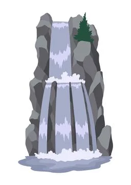 Cartoon river cascade waterfall. Landscape with mountains and trees. Design Stock Illustration