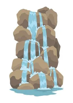Cartoon river cascade waterfall. Landscape with mountains and trees. Design Stock Illustration