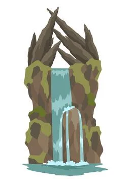 Cartoon river cascade waterfall. Landscape with mountains and trees. Design Illustrazione stock