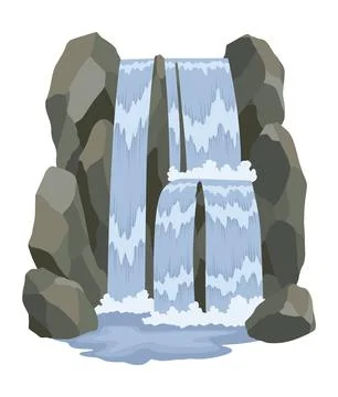 Cartoon river cascade waterfall. Landscape with mountains and trees. Design イラスト素材