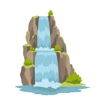 Cartoon river cascade waterfall. Landscape with mountains and trees. Design Stock Illustration