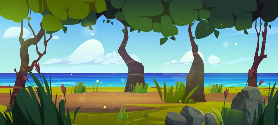Cartoon river in forest summer vector landscape Stock Illustration