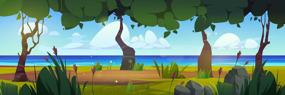 Cartoon river in forest summer vector landscape Illustrazione stock
