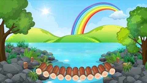 Cartoon River Landscape with Rainbow Vidéo 304671052