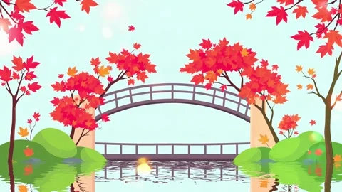 Cartoon River With Small Bridge Under Red Maple Trees, Happy cartoon Japanese S Stock Footage 306826598