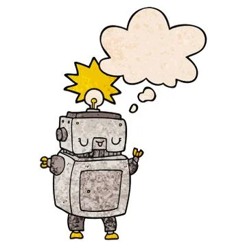 Cartoon robot and thought bubble in grunge texture pattern style Illustrazione stock