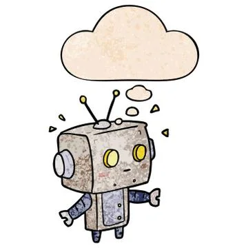 Cartoon robot and thought bubble in grunge texture pattern style Stock Illustration