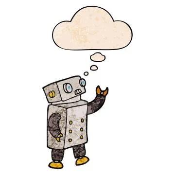 Cartoon robot and thought bubble in grunge texture pattern style Stock Illustration