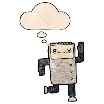 Cartoon robot and thought bubble in grunge texture pattern style 스톡 일러스트