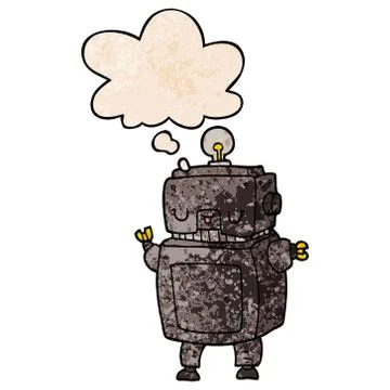 Cartoon robot and thought bubble in grunge texture pattern style Illustrazione stock