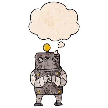 Cartoon robot and thought bubble in grunge texture pattern style Stock Illustration