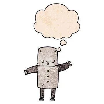 Cartoon robot and thought bubble in grunge texture pattern style Stock Illustration