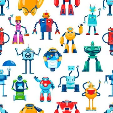 Cartoon robot characters seamless pattern, droids 스톡 일러스트
