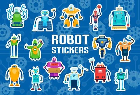 Cartoon robot characters vector stickers pack Illustrazione stock