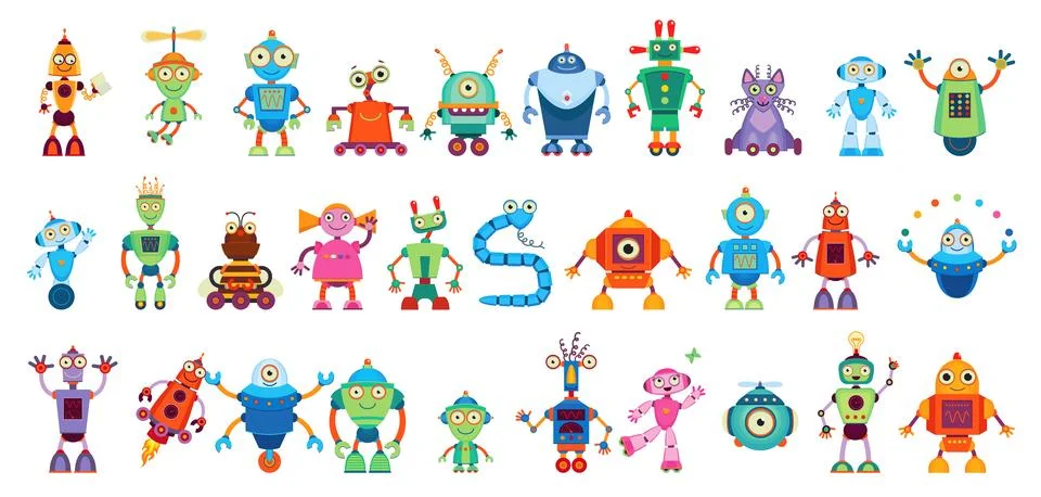 Cartoon robot droid characters, android cyborgs Stock Illustration