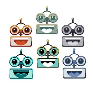 Cartoon Robot Face Smiling Cute Emotion Open Mouth Chat Bot Icon Set Illustrazione stock