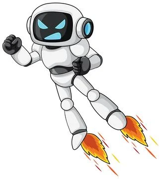 Cartoon Robot Flying with Jetpack Flames and Angry Expression Stock Illustration