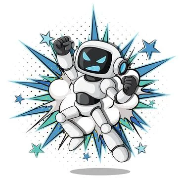 Cartoon Robot Jumping with Comic Book Explosion Background Stock Illustration