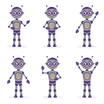 Cartoon robot mascot set of objects in flat style. Robots character collection Stock Illustration
