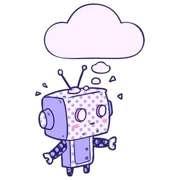 Cartoon robot with thought bubble in comic book style in bright neon color Stock Illustration