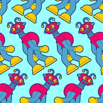 Cartoon Robot toy pattern seamless. Retro plaything Technology cyborg backgro Stock Illustration