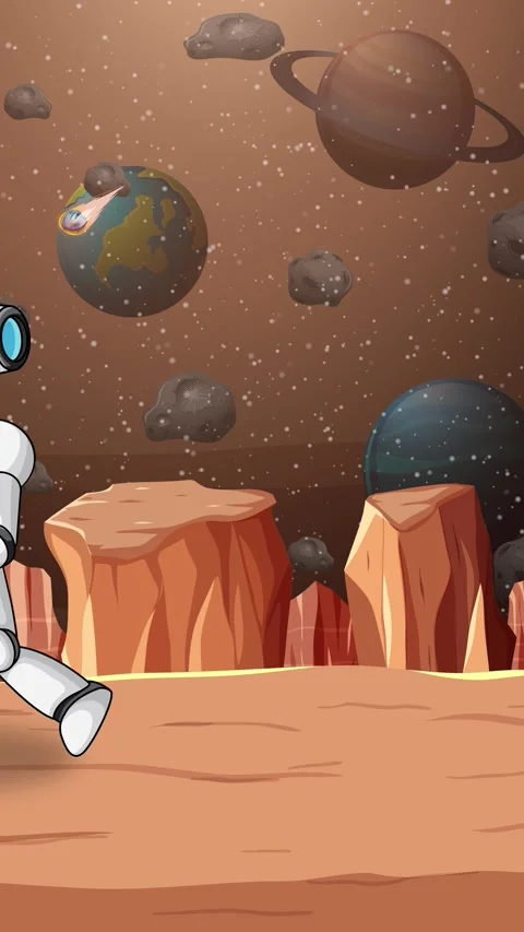 Cartoon Robot Walking on Alien Planet with Rocky Terrain Stock Footage 320997131