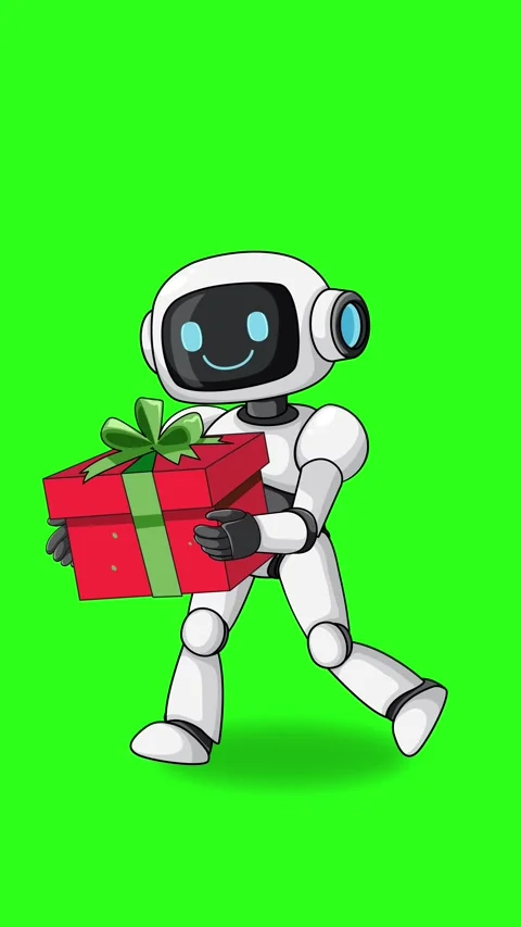 Cartoon Robot Walking With Gift Box on Green Background Stock Footage 324935885