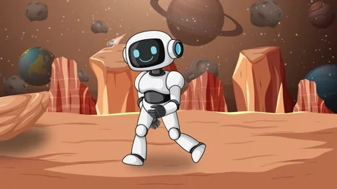 Cartoon Robot Walking on Rocky Alien Planet Surface Animation Stock Footage 320921168