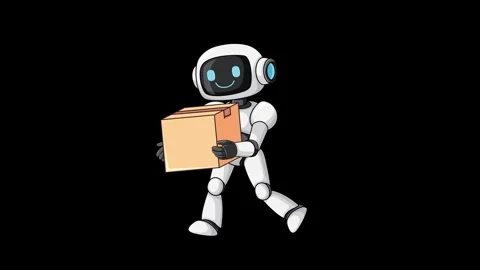 Cartoon Robot Walking While Carrying Cardboard Box on Black Stock Footage 324935881