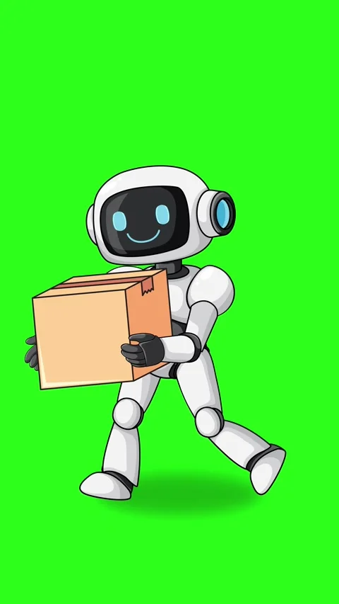 Cartoon Robot Walking While Carrying Cardboard Box on Green Screen Stock Footage 339382016