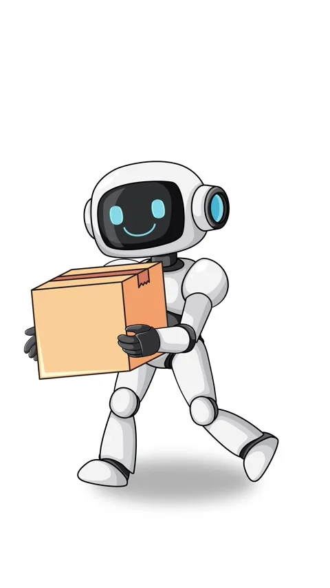 Cartoon Robot Walking While Holding Cardboard Box on White Stock Footage 341067536