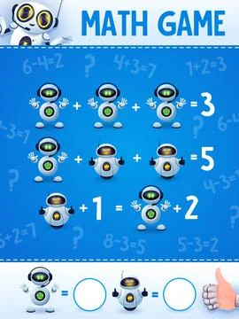 Cartoon robots and droids on math game worksheet Stock Illustration