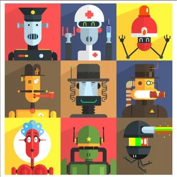 Cartoon Robots Of Different Professions Illustrazione stock