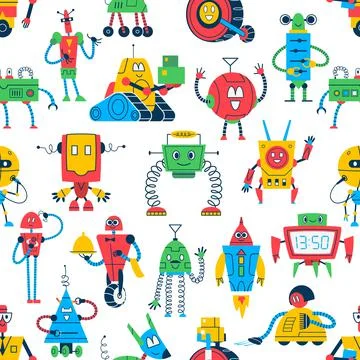 Cartoon robots seamless pattern with kids toys Stock Illustration
