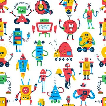 Cartoon robots seamless pattern, robotic droids 스톡 일러스트