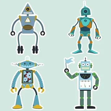 Cartoon robots set, simple funny cyborgs Stock Illustration