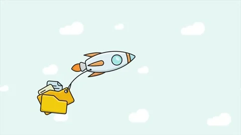 Cartoon Rocket Carrying Digital Files and Document Folder in the Sky Stock Footage 327970591