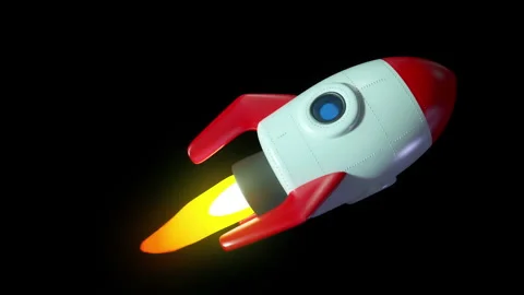 Cartoon rocket flies on black background. Startup new business project Stock Footage 153630814