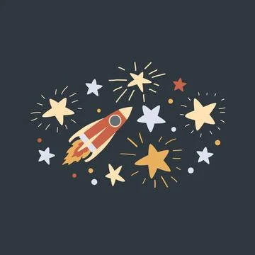 Cartoon rocket flying in the sky. Vector isolated illustration Stock Illustration
