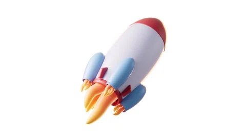 Cartoon rocket launch with fire and smoke against white background. Stock Footage 332318233